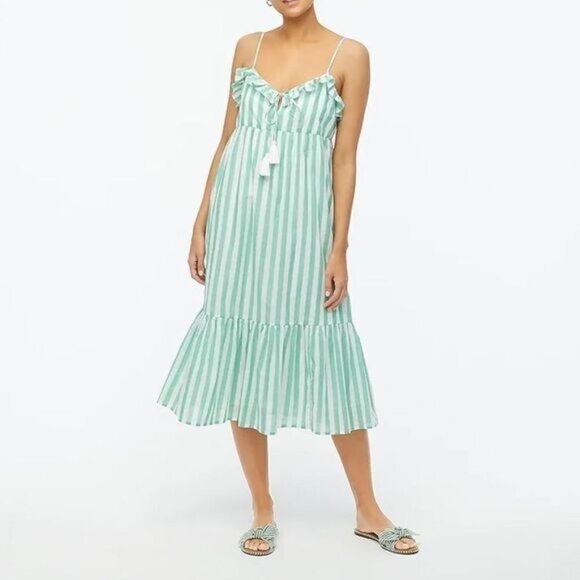 JCREW FACTORY WOMENS RUFFLED TIERED MAXI COVER UP DRESS SIZE M GREEN WHITE - Picture 1 of 11